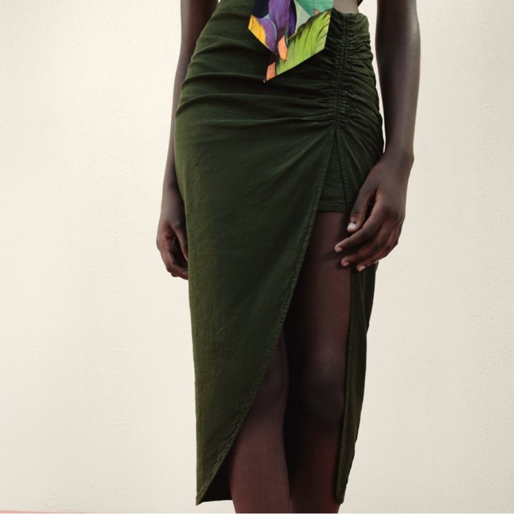 Linen, Olive Green Ruched Skirt